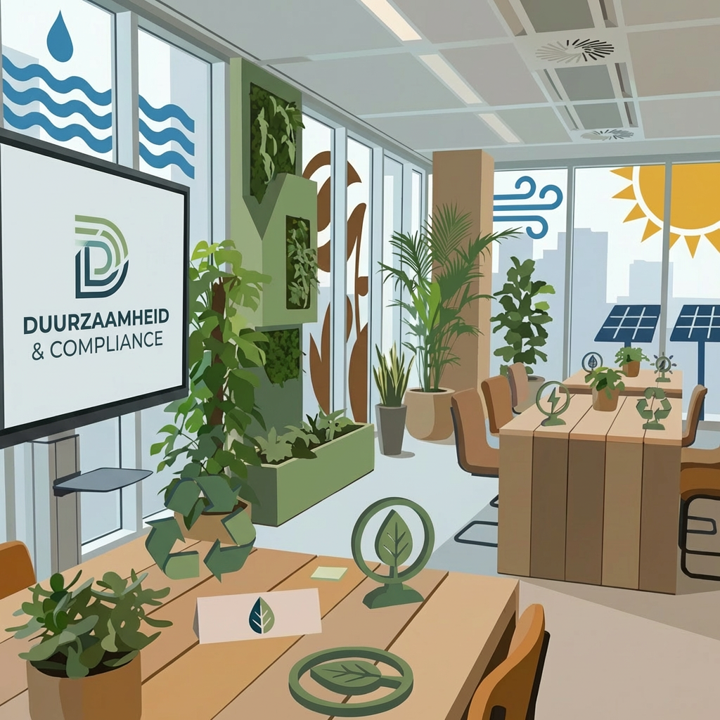 Elara Vos, Sustainability Consultant, presenting a CO2-REDUCTIE STRATEGIE chart on a digital screen.